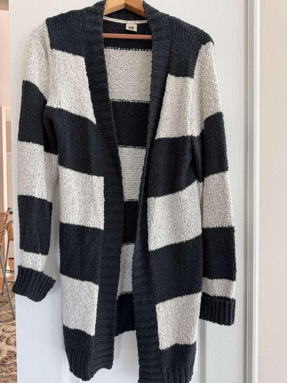 Roxy Navy Blue and Gray Striped Open-Front Cardigan